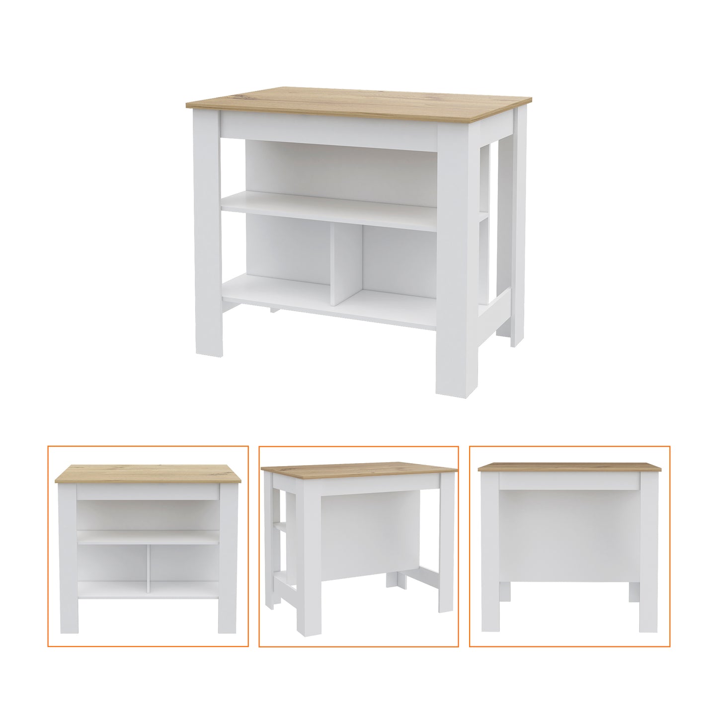 White and oak kitchen island with open shelves