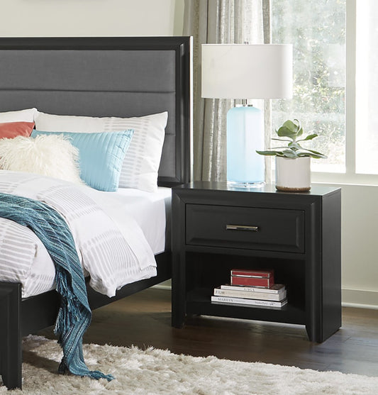 Modern black wood nightstand with one drawer and open shelf for bedroom decor