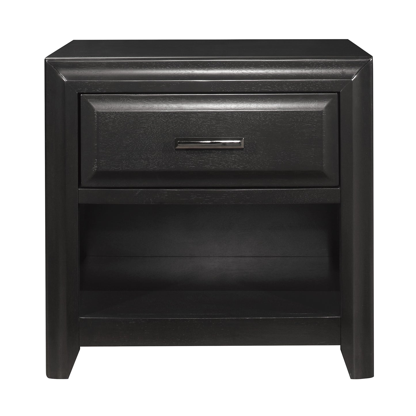 Dark gray wooden nightstand with one drawer and open shelf modern design