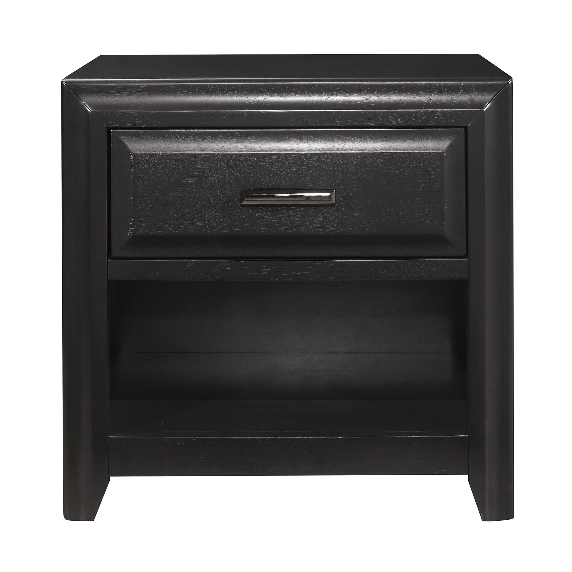 Dark gray wooden nightstand with one drawer and open shelf modern design