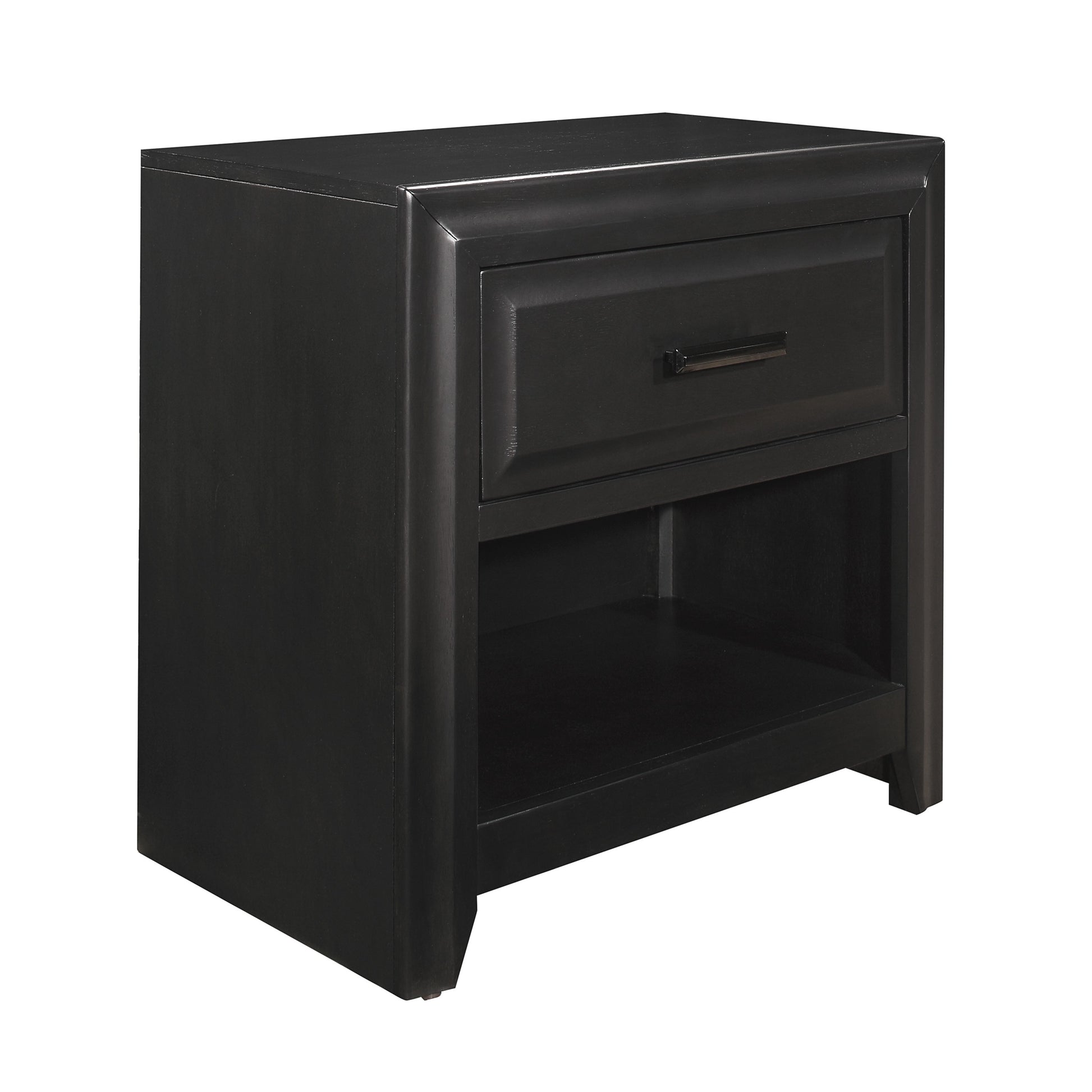 Sleek black wooden nightstand with one drawer and open shelf modern bedside table
