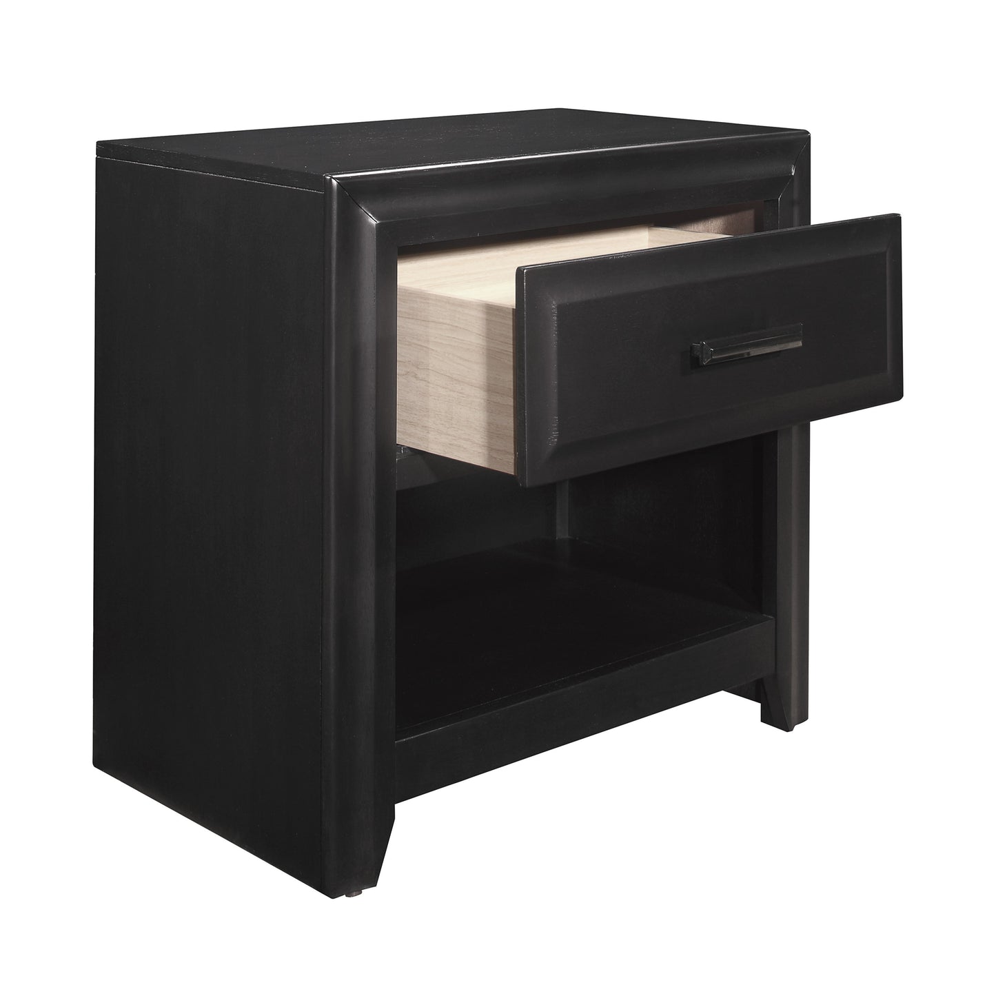 Black wooden nightstand with one open drawer and a shelf below
