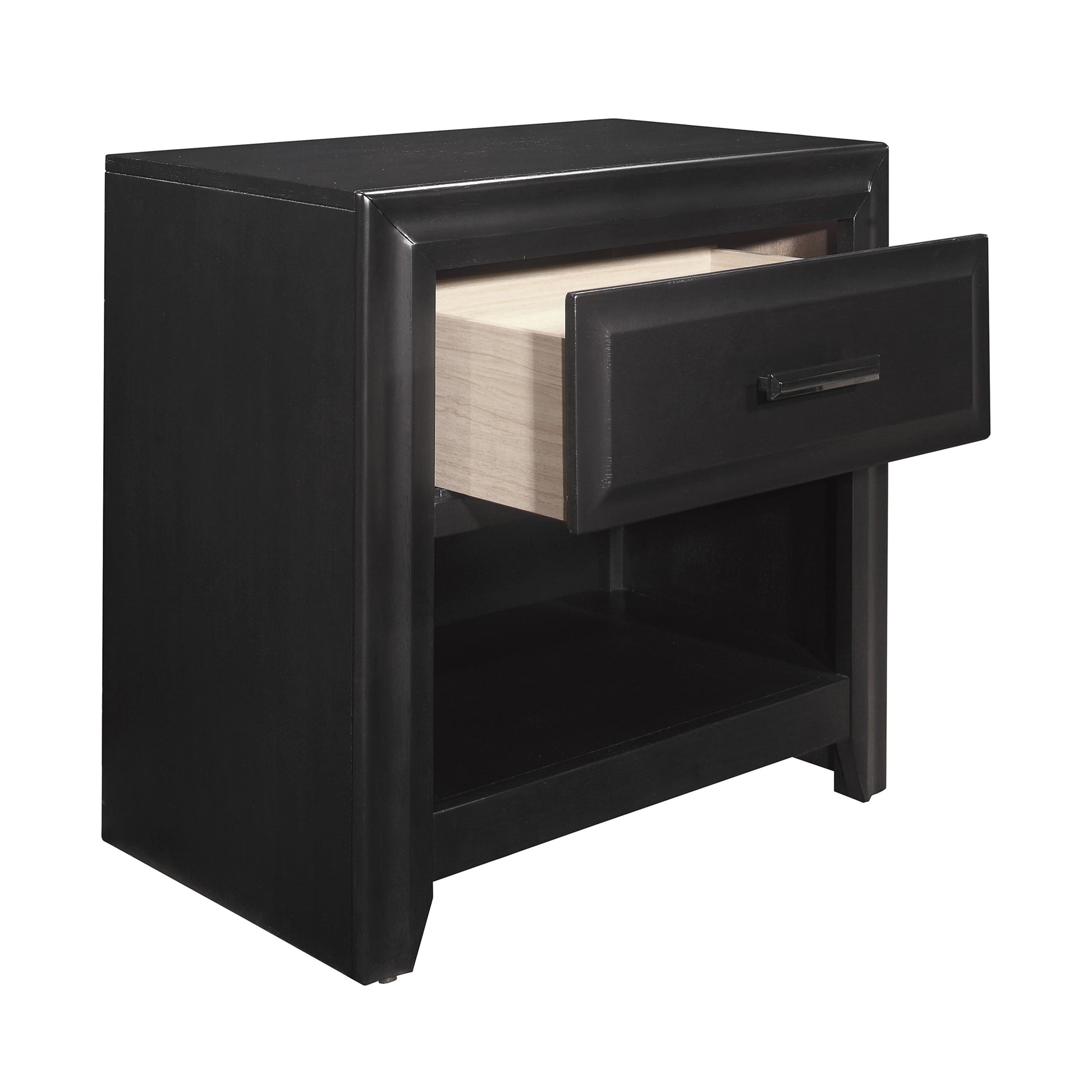 Black wooden nightstand with one open drawer and a shelf below