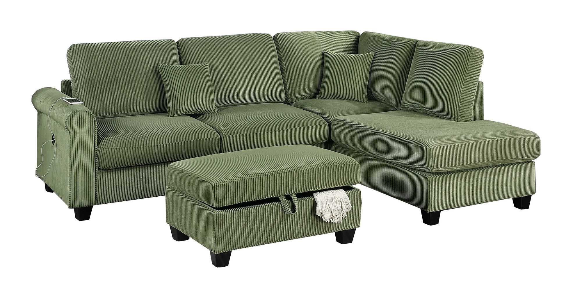 Sage green corduroy sectional sofa with builtin USB charging port