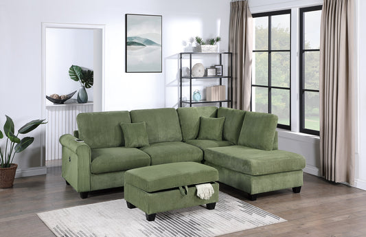 Green corduroy sectional sofa with storage ottoman modern living room furniture