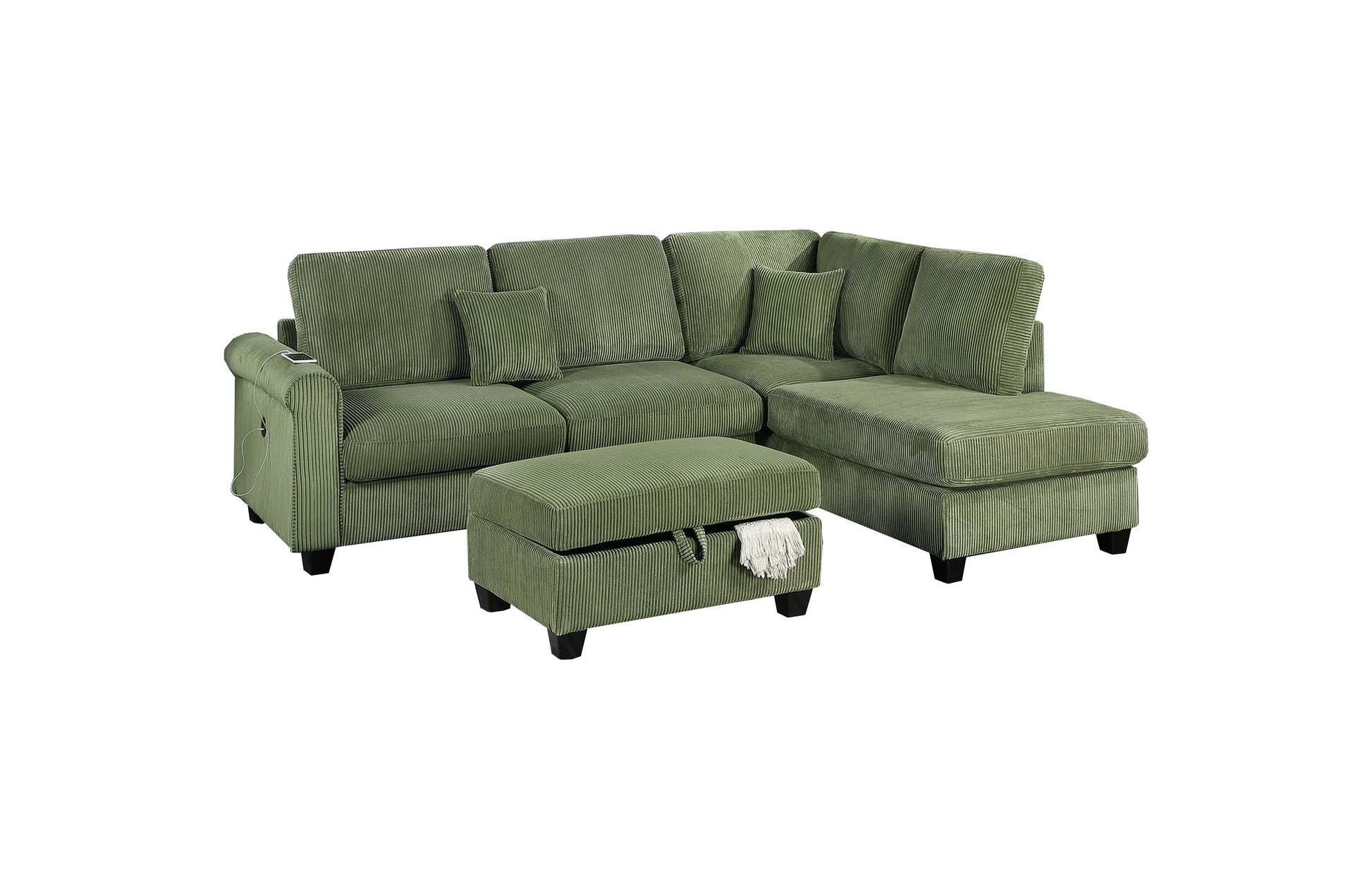 Green corduroy sectional sofa with storage ottoman and builtin USB charger