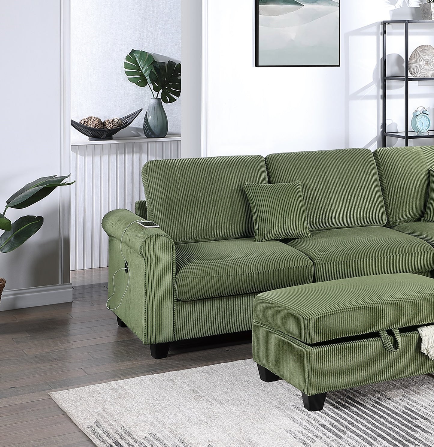 Green corduroy sectional sofa with builtin USB charging port and storage ottoman