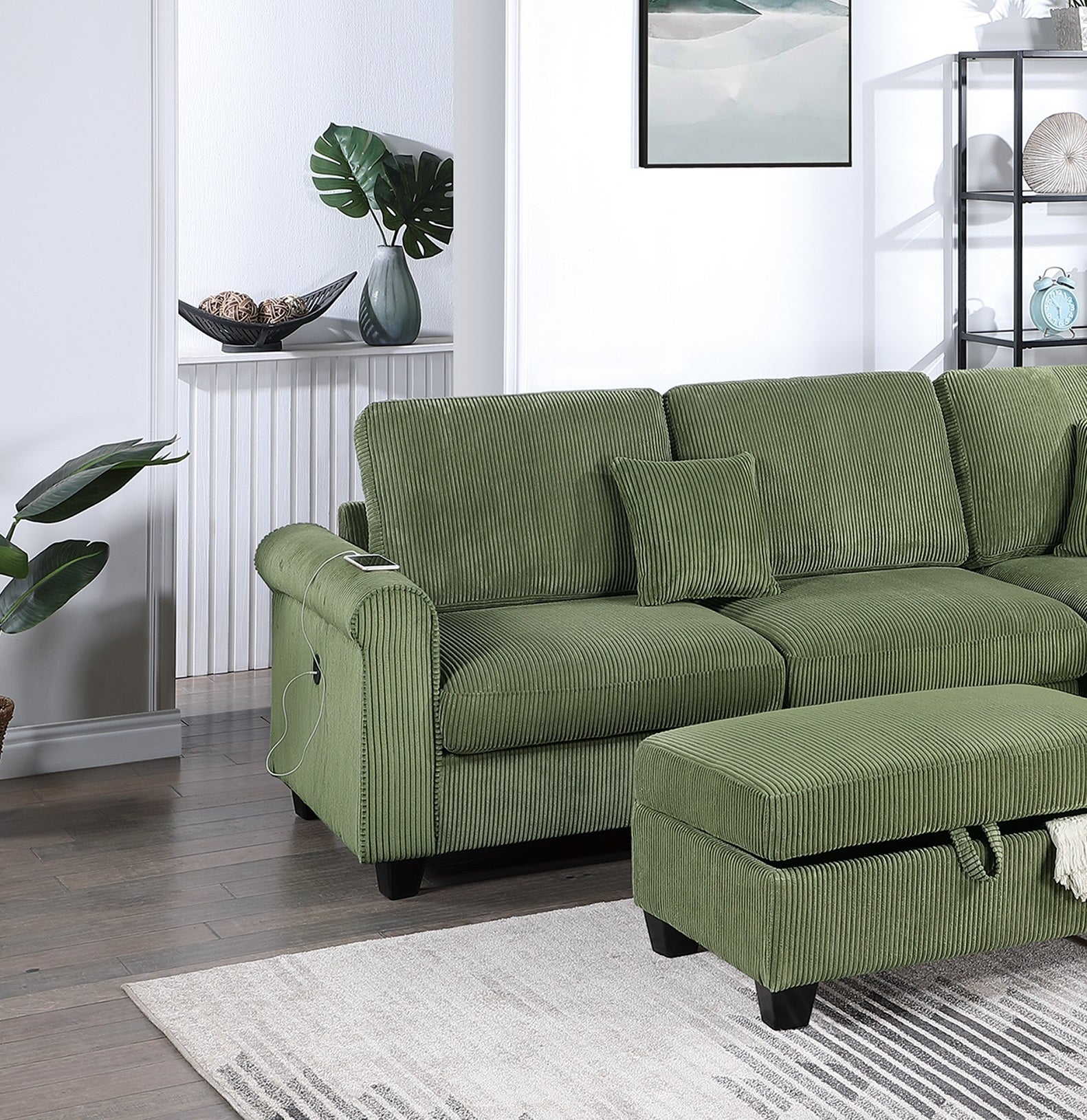 Green corduroy sectional sofa with builtin USB charging port and storage ottoman