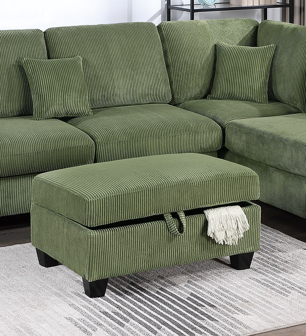 Green corduroy storage ottoman with lifttop lid featuring a cozy texture and hidden storage space