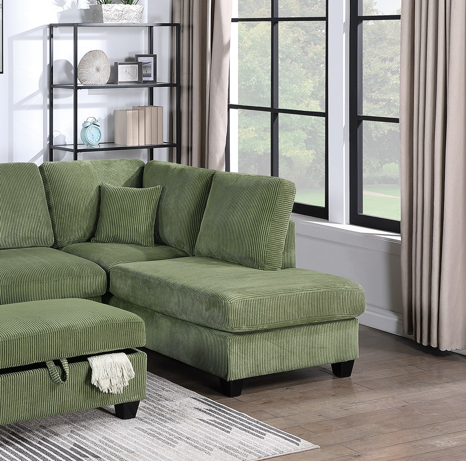 Green corduroy sectional sofa with storage ottoman comfortable modern living room furniture
