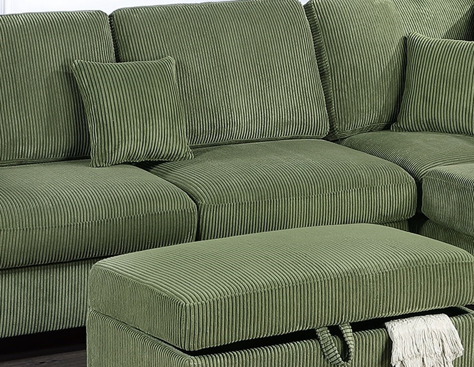 Plush green corduroy sectional sofa with matching throw pillow and ottoman