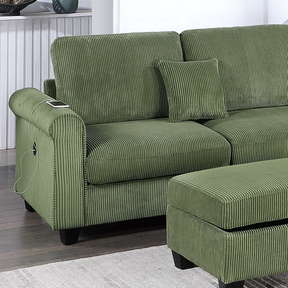 Green corduroy sectional sofa with builtin USB charging station and accent pillow