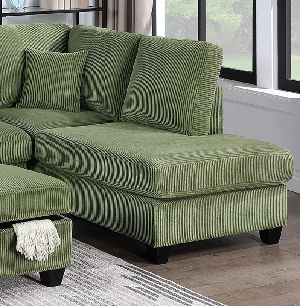 Sage green corduroy sectional sofa with plush cushions and builtin storage ottoman
