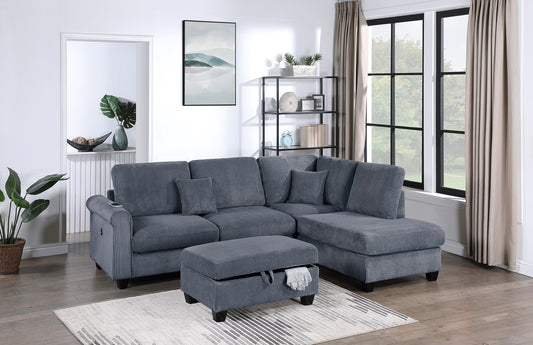 Dark gray corduroy sectional sofa with chaise and storage ottoman