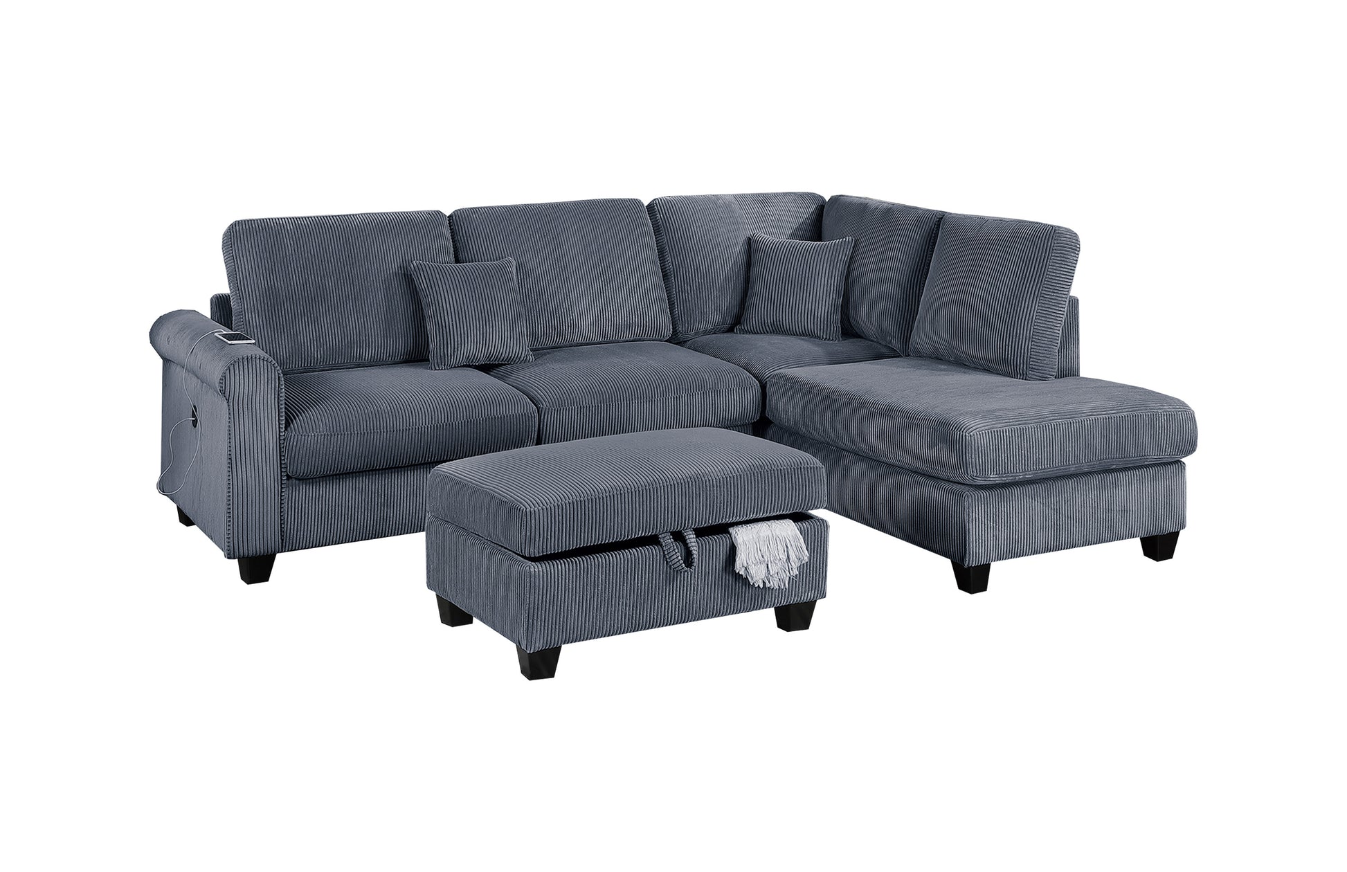 Gray corduroy Lshaped sectional sofa with storage ottoman