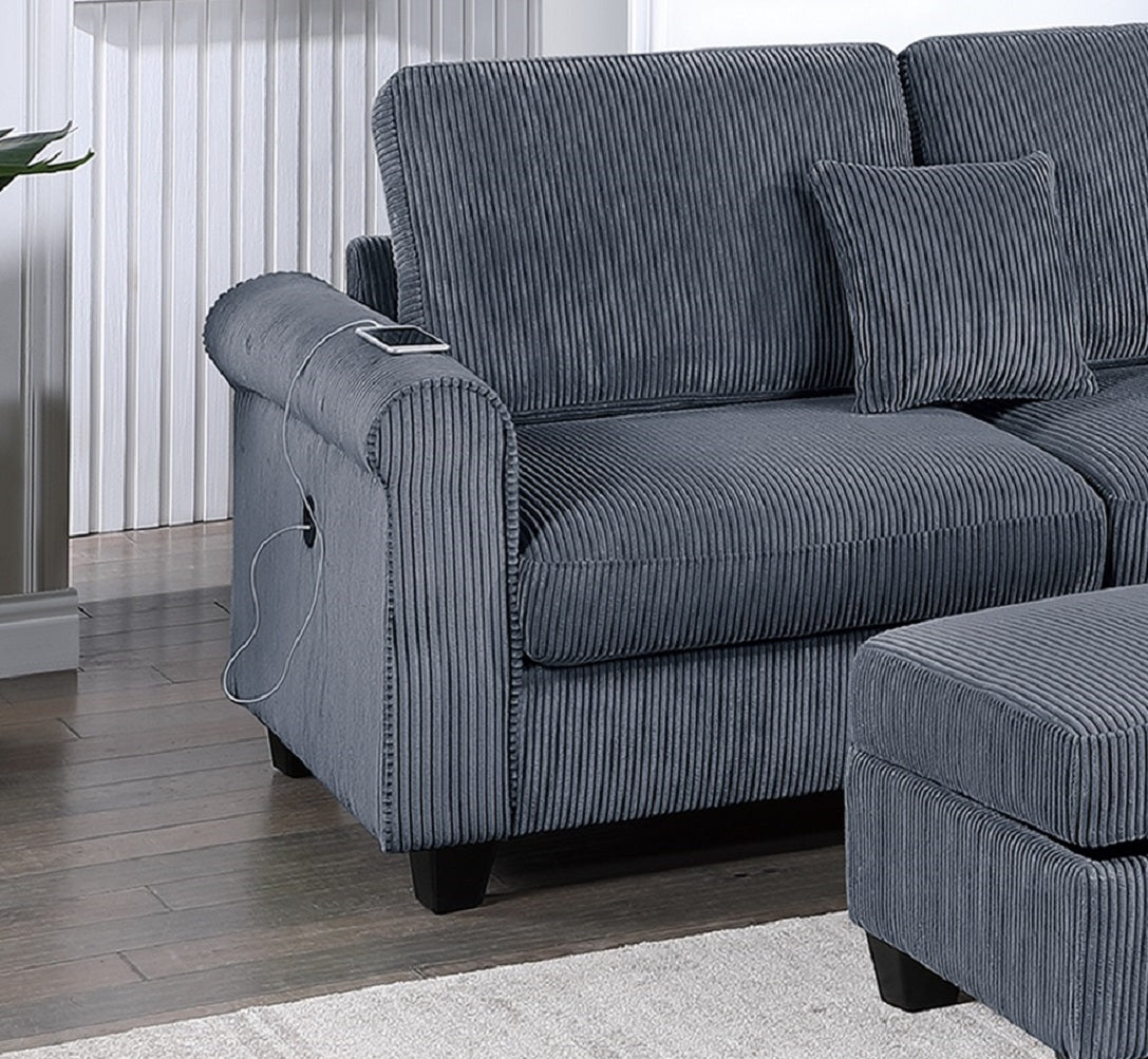 Dark grey corduroy sectional sofa with builtin USB charging port