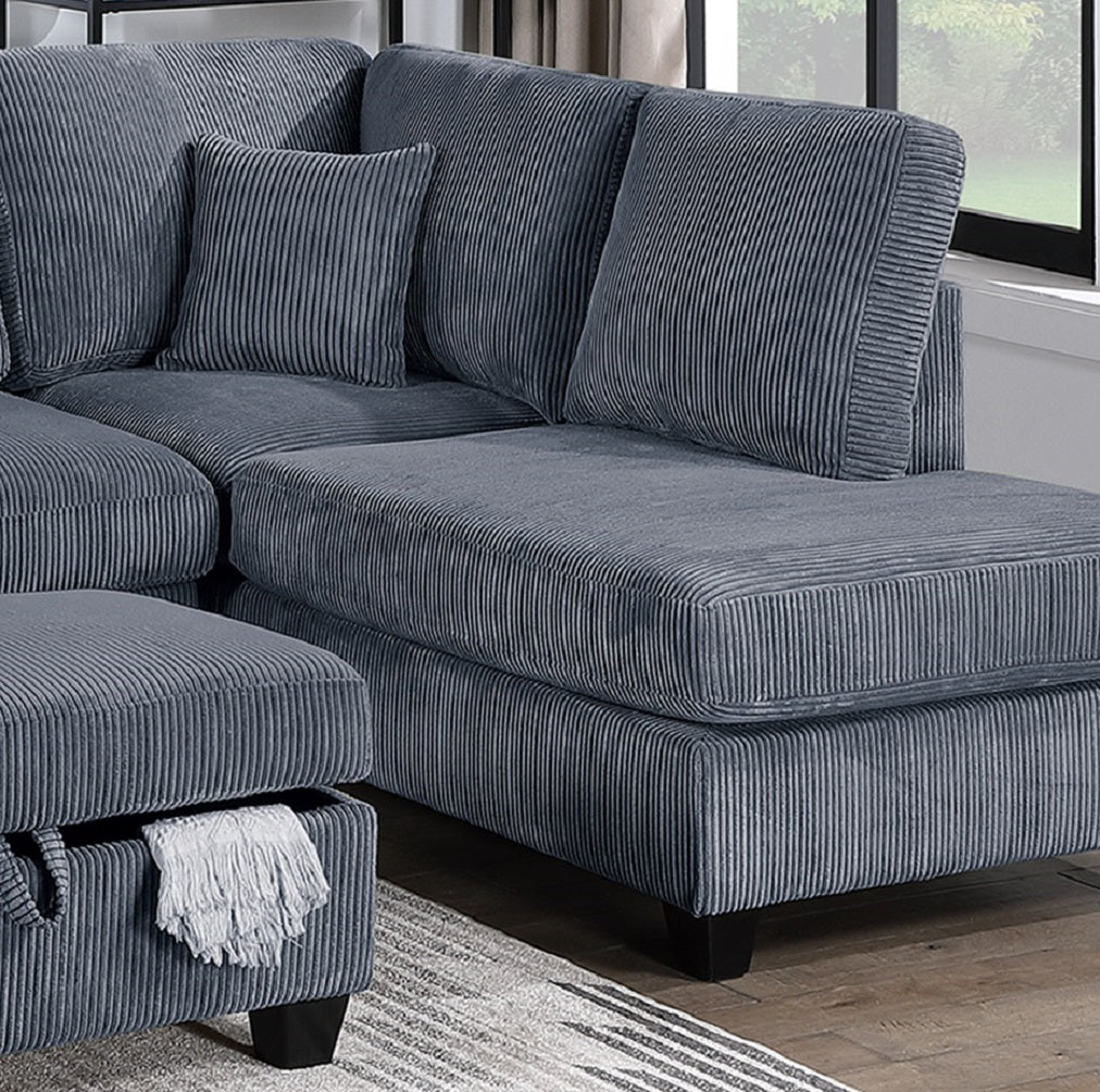 Deep blue corduroy sectional sofa with chaise and storage ottoman
