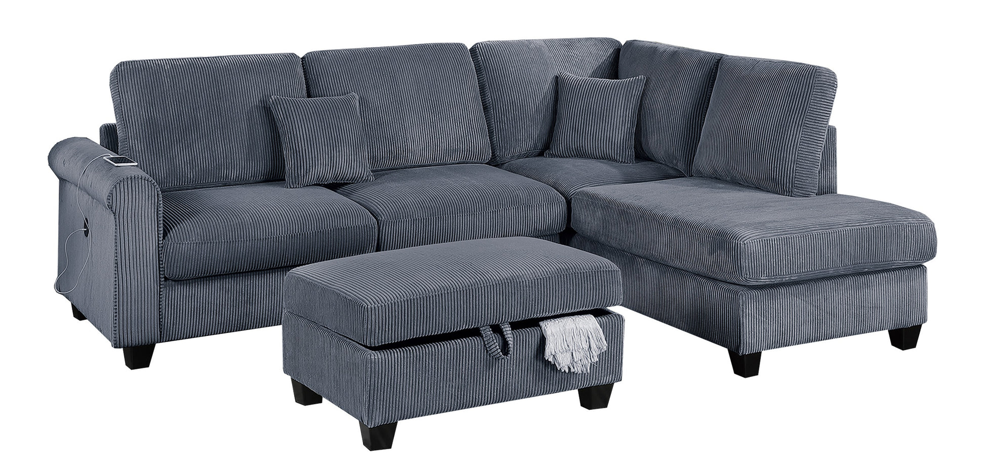 Dark grey corduroy sectional sofa with ottoman featuring builtin USB charging port