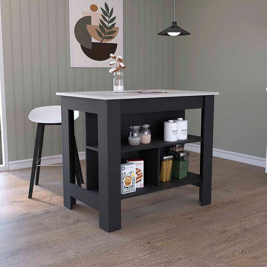 Dark grey kitchen island with white countertop and open shelving