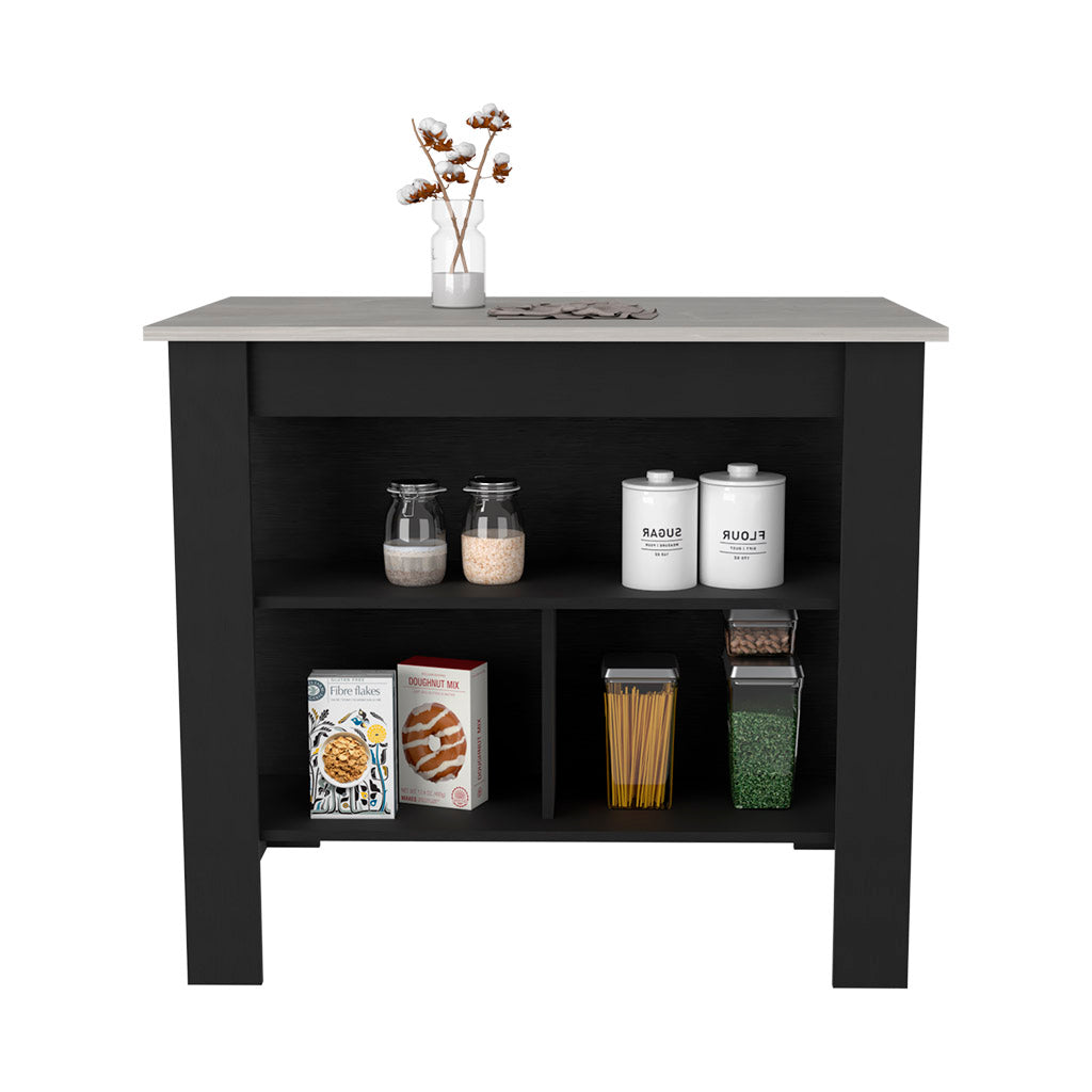Black kitchen island with light grey countertop and open shelves