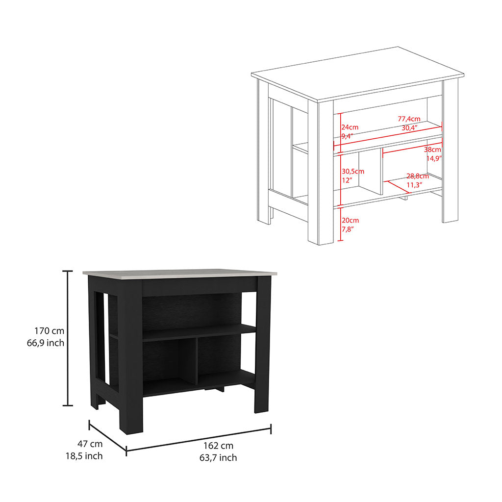 Black kitchen island with open shelves and wood grain texture