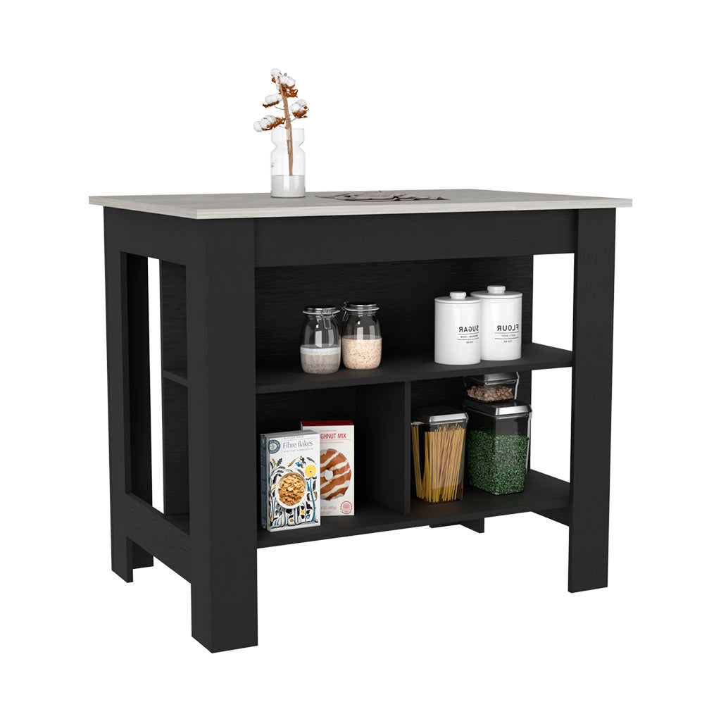 Black kitchen island with stone countertop and open shelving