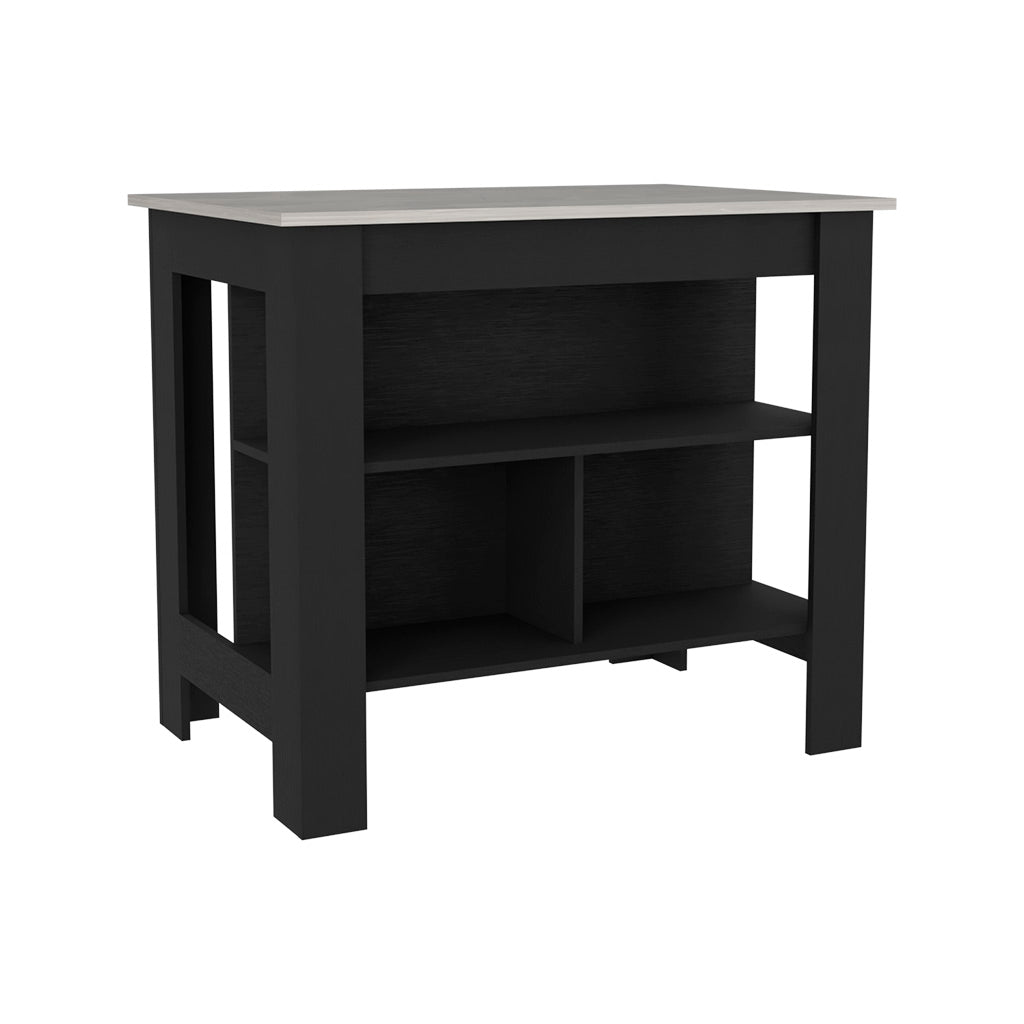 Black kitchen island with open shelves and a faux stone countertop