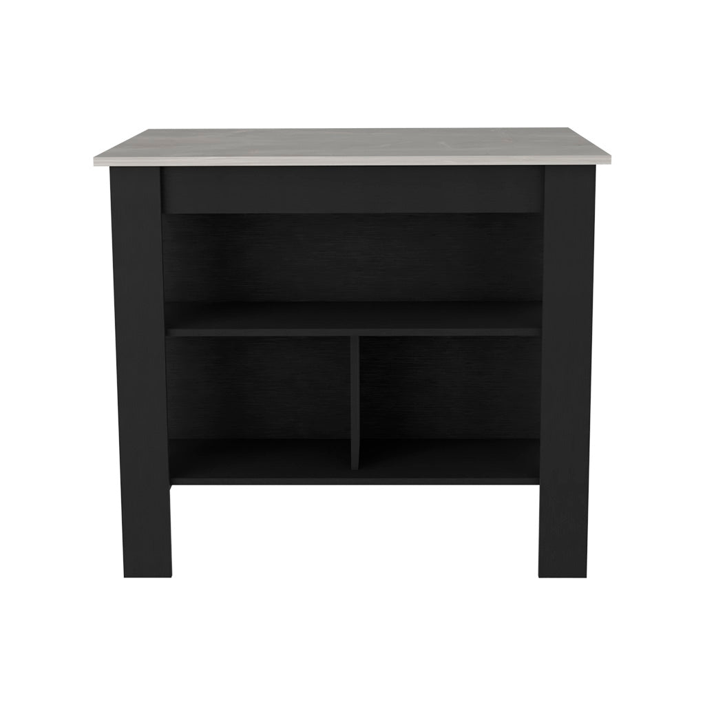 Black kitchen island with open shelves and a matte gray countertop
