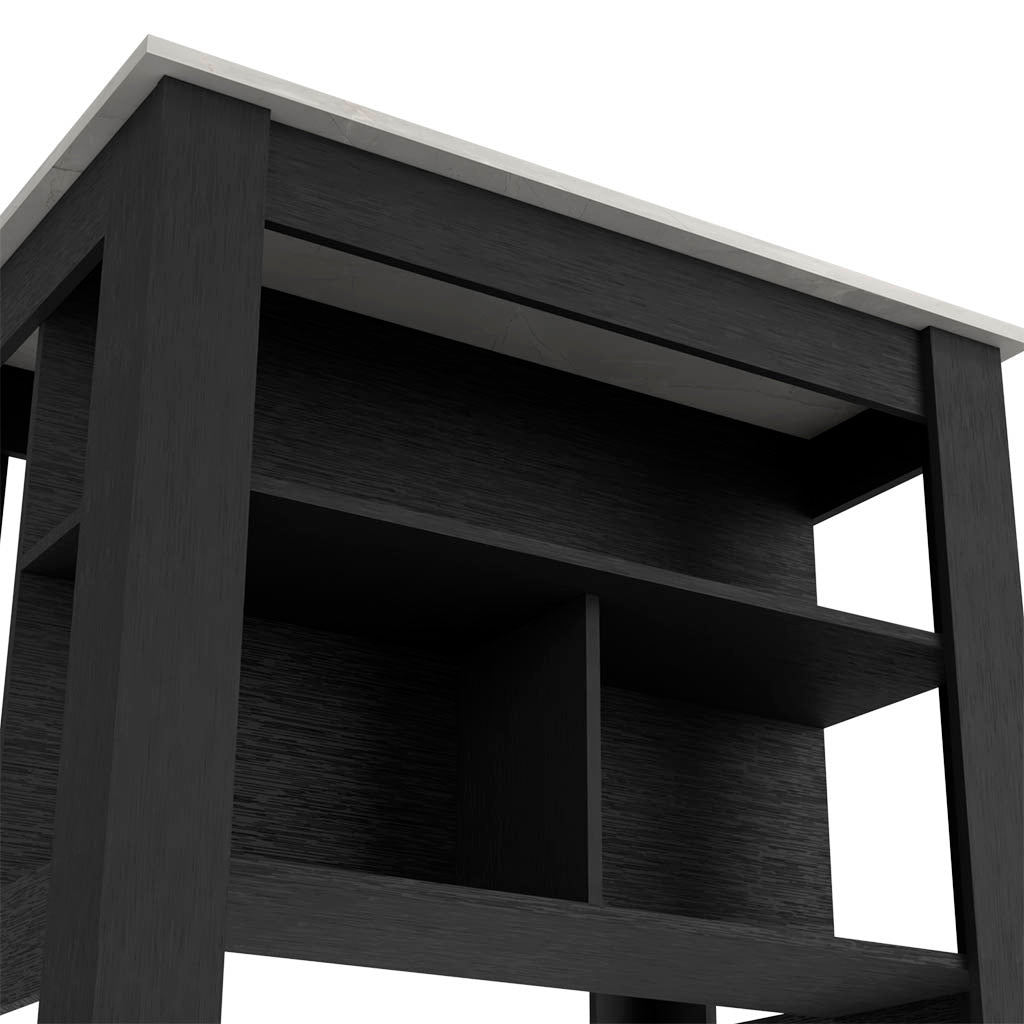 Black wood bookshelf with white marble top
