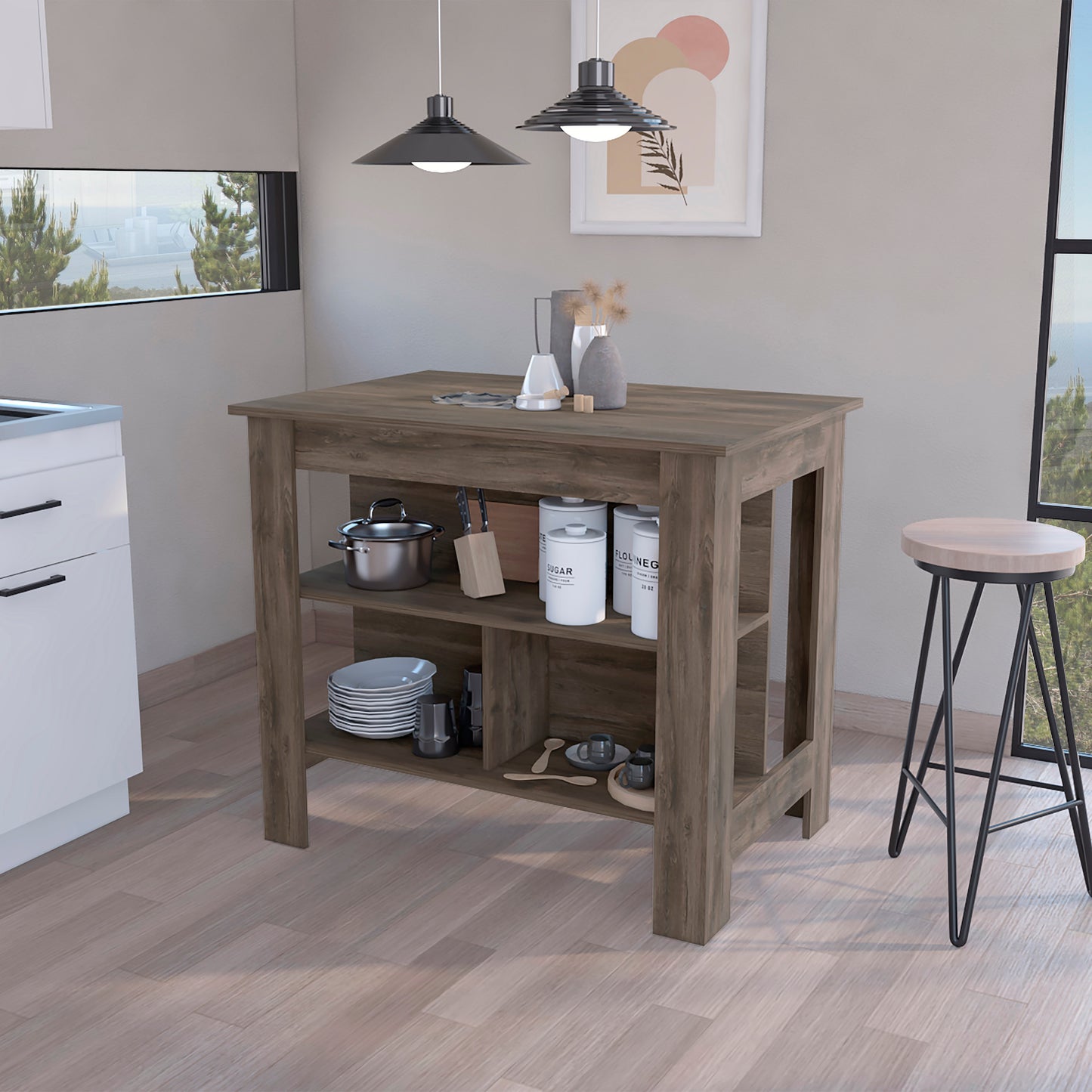 Rustic oak kitchen island with open shelving and butcher block top