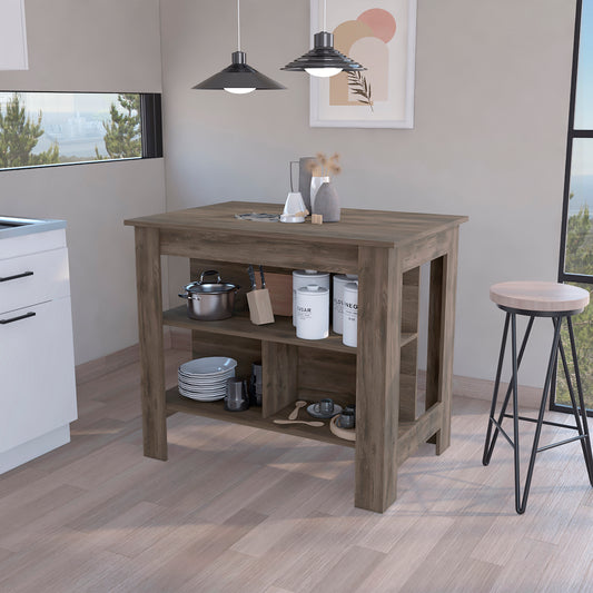 Rustic oak kitchen island with open shelving and butcher block top