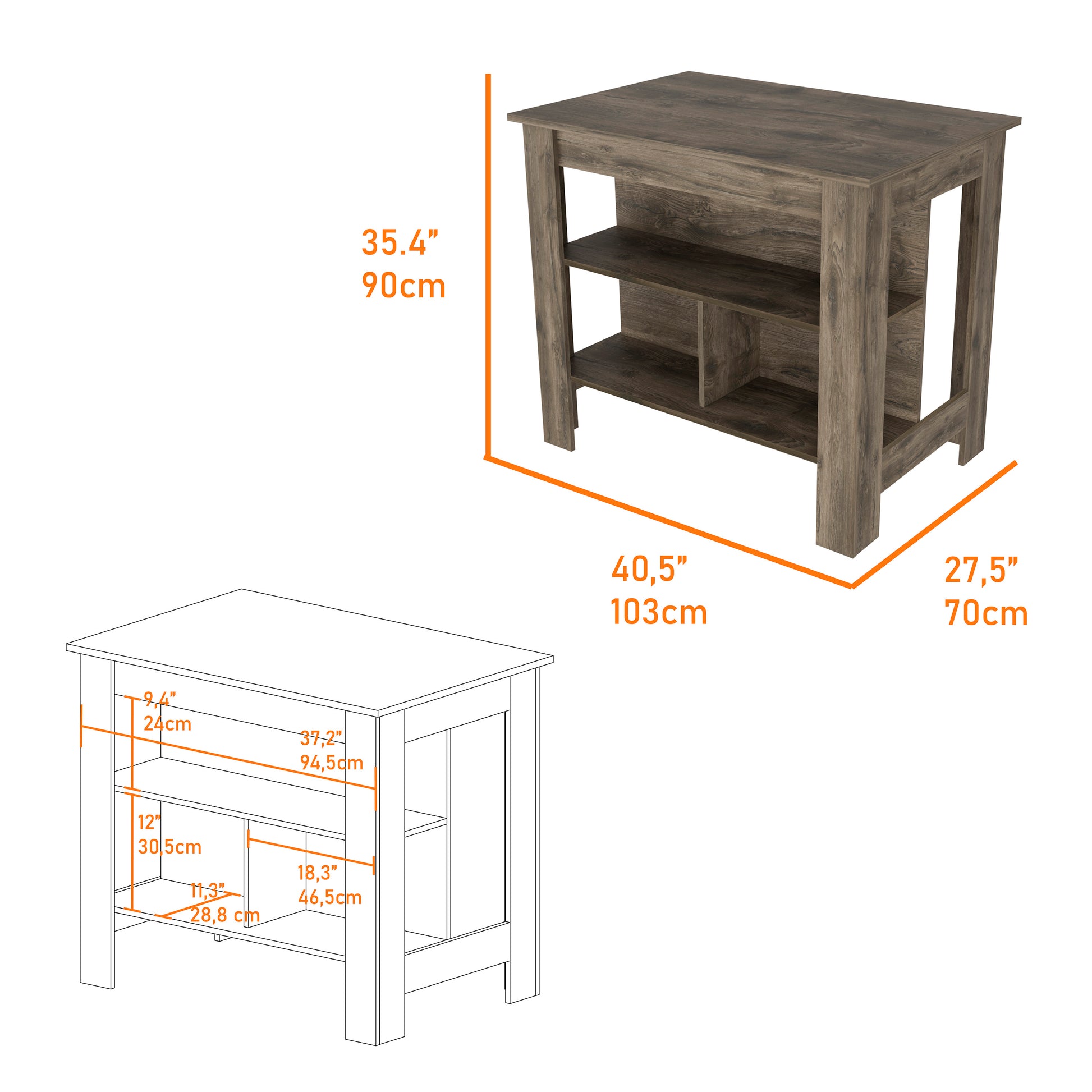 Rustic brown kitchen island with open shelving