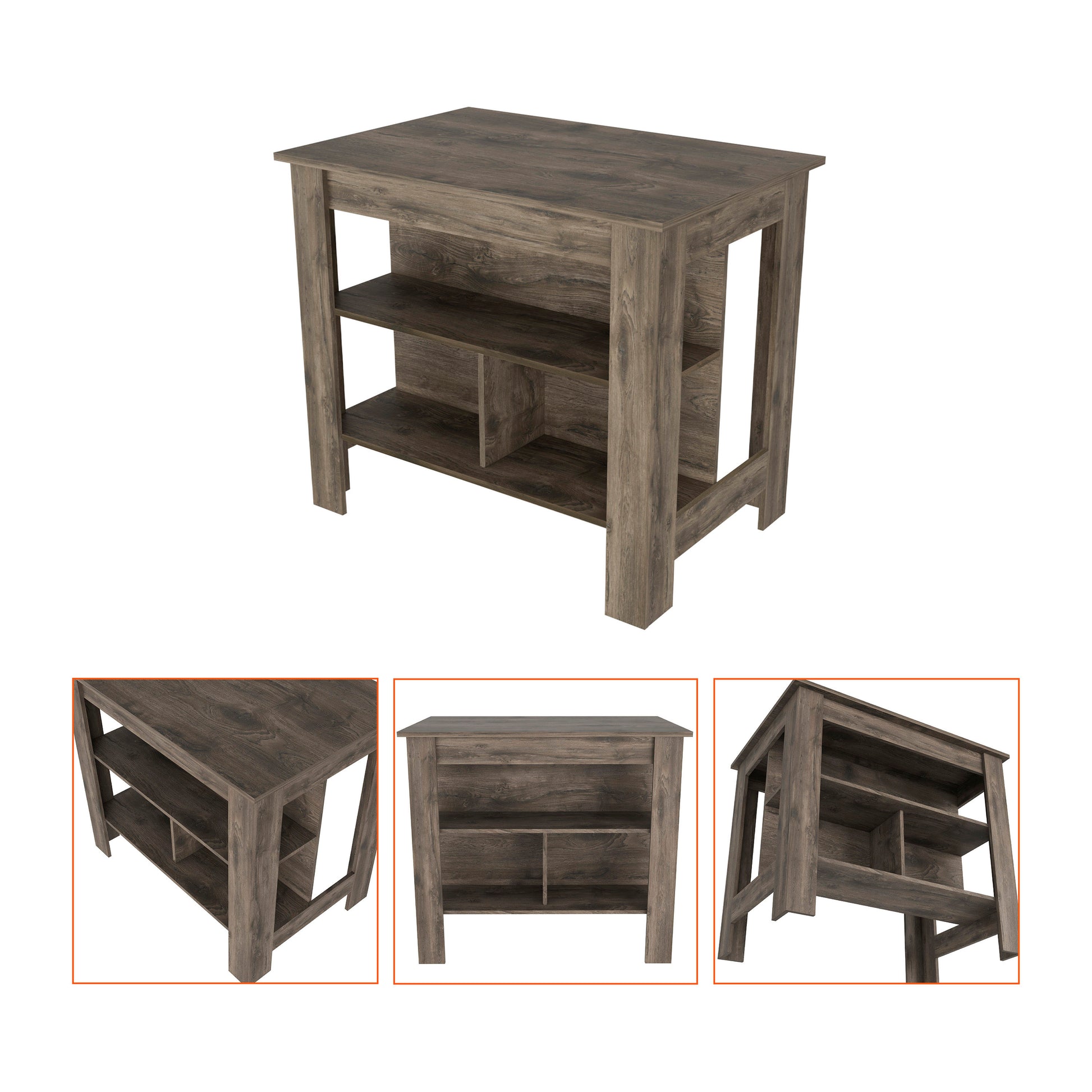Rustic brown wood kitchen island with open shelving