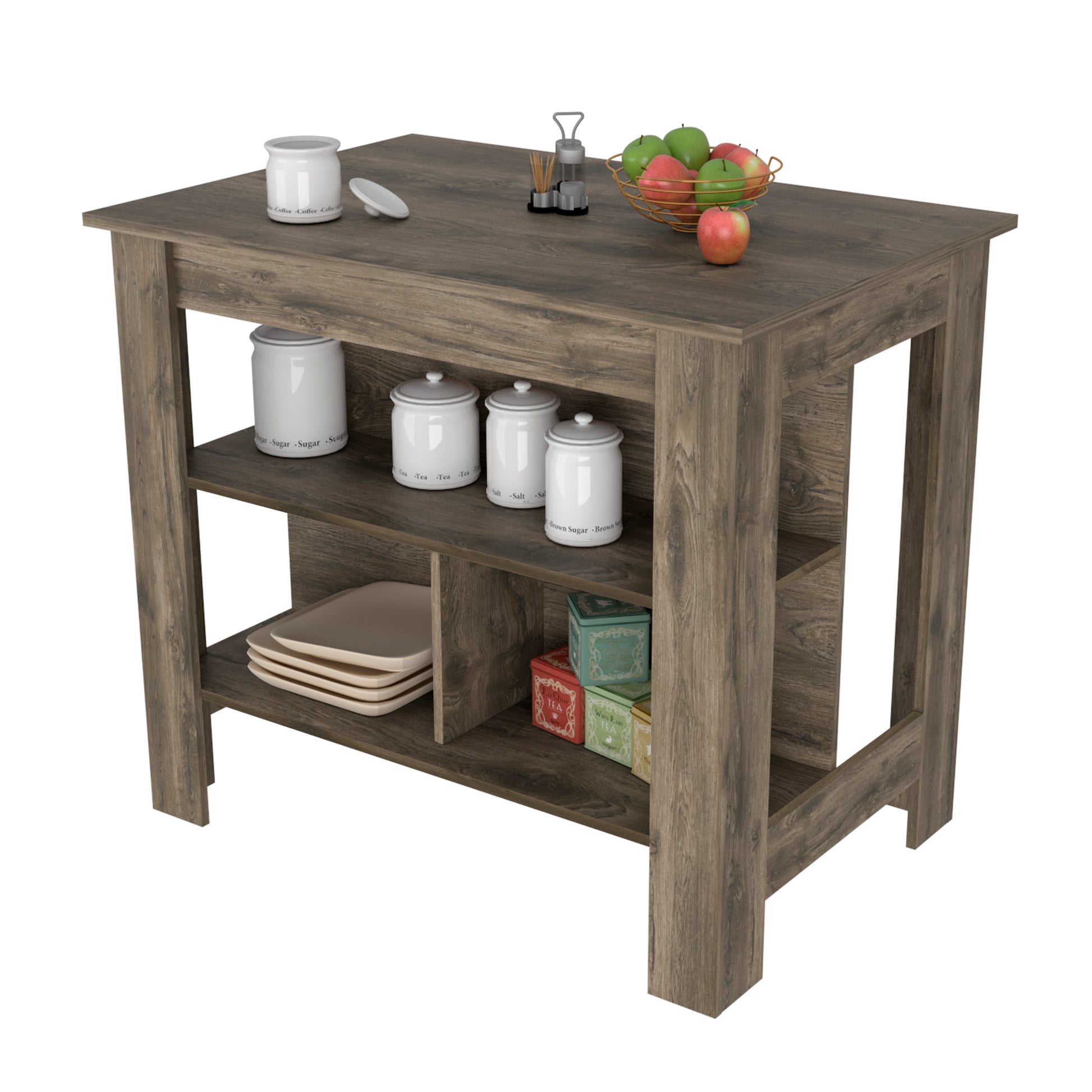 Dark wood kitchen island with shelves holding white canisters and colorful tea tins