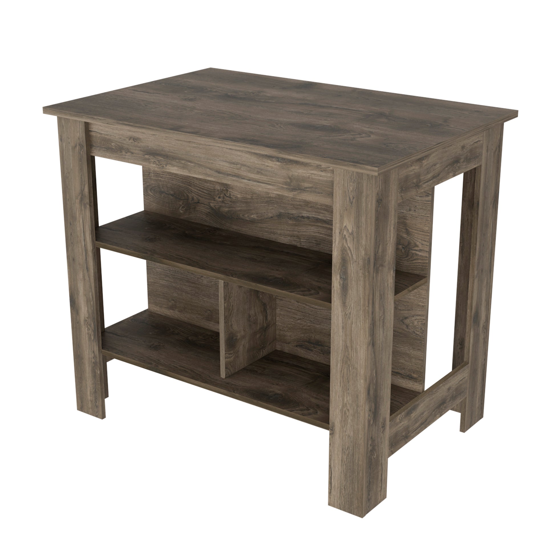 Rustic brown wood kitchen island with open shelving