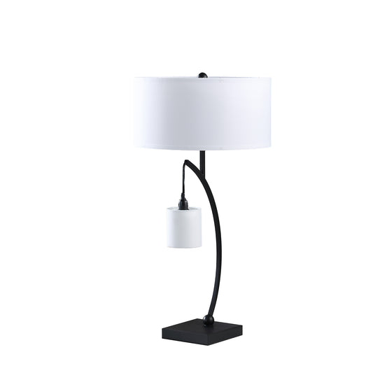 Black metal desk lamp with white drum shade and accent cylinder