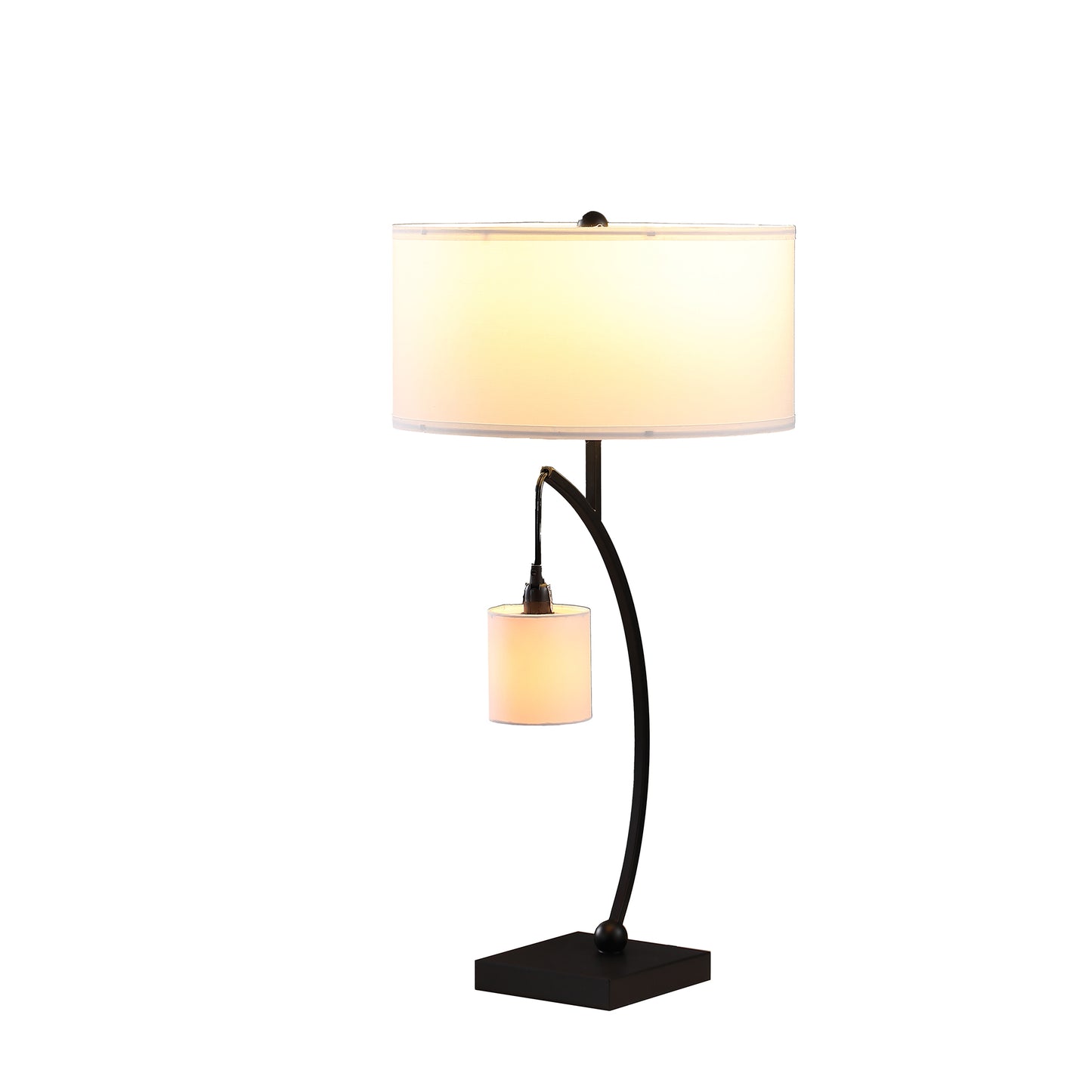 Dark bronze table lamp with white drum shade and hanging accent light