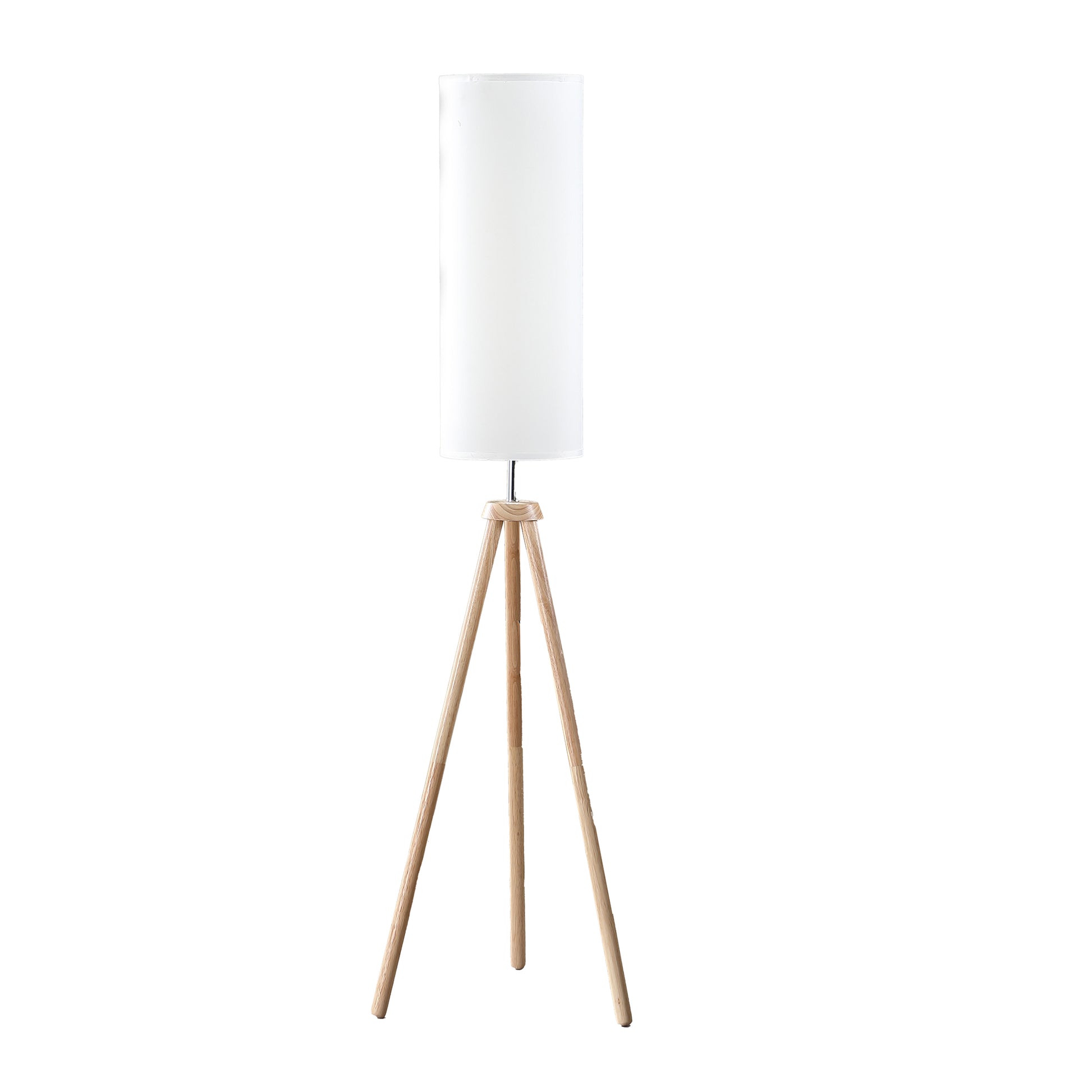 Modern white drum shade floor lamp with natural wood tripod base