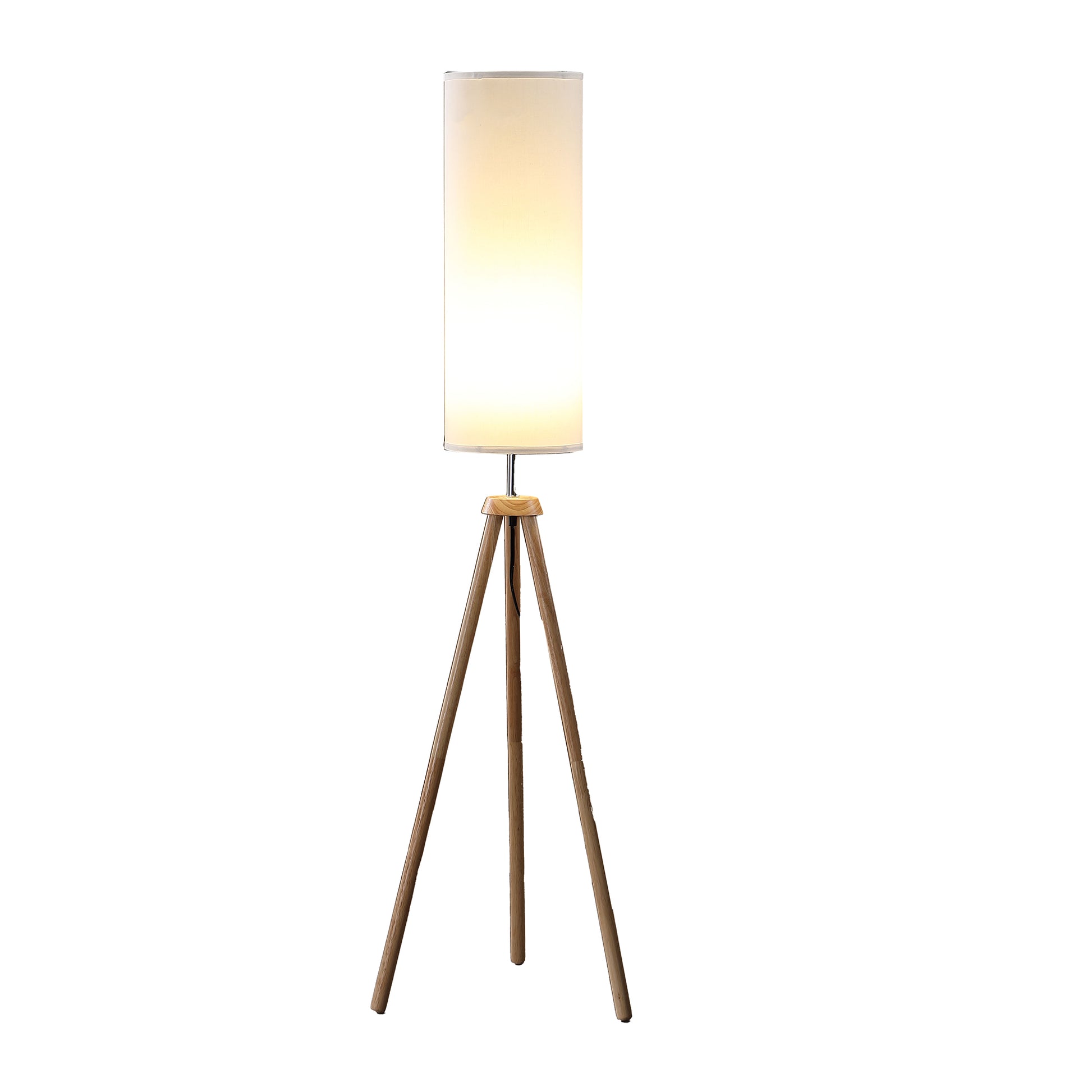 Modern tripod floor lamp with white linen shade and natural wood legs