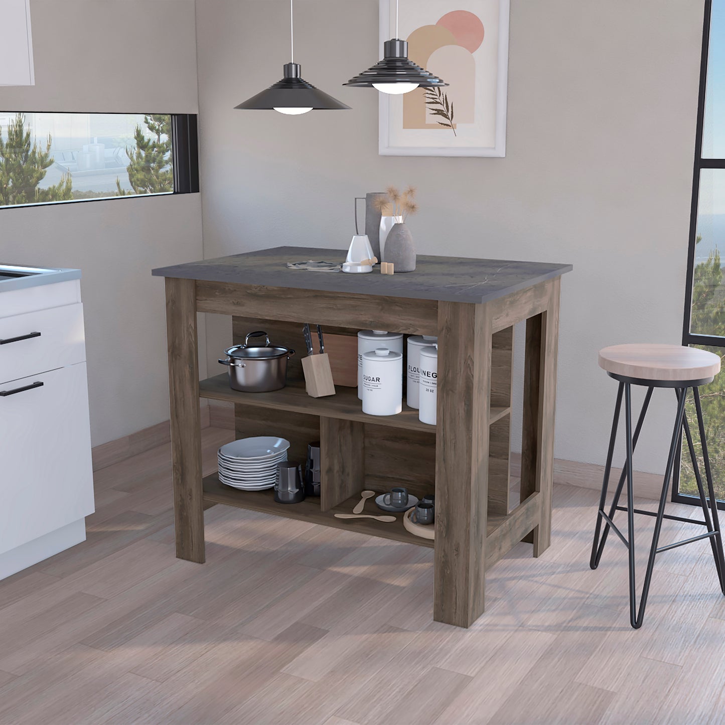 Rustic wood kitchen island with open shelves and marblelook countertop