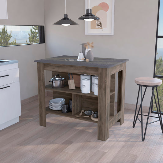 Rustic wood kitchen island with open shelves and marblelook countertop