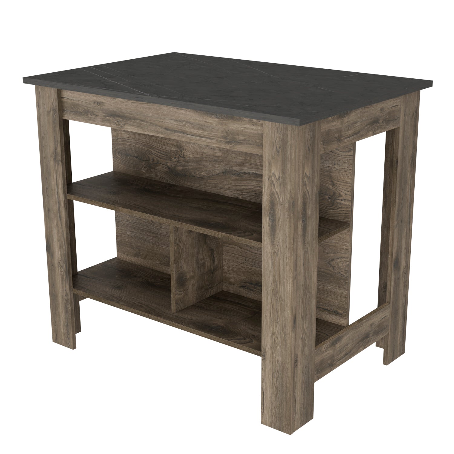Rustic wood kitchen island with dark grey marble top and open shelving