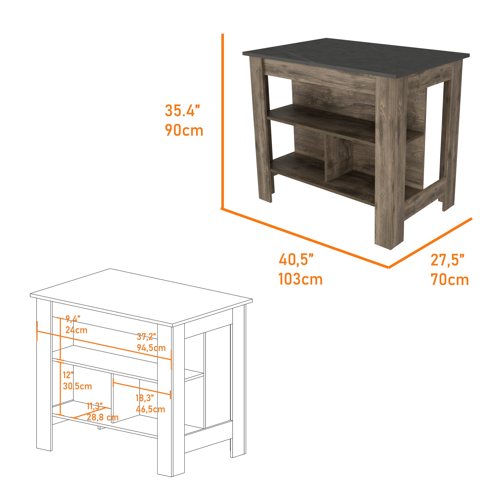 Rustic brown kitchen island with dark grey marble top