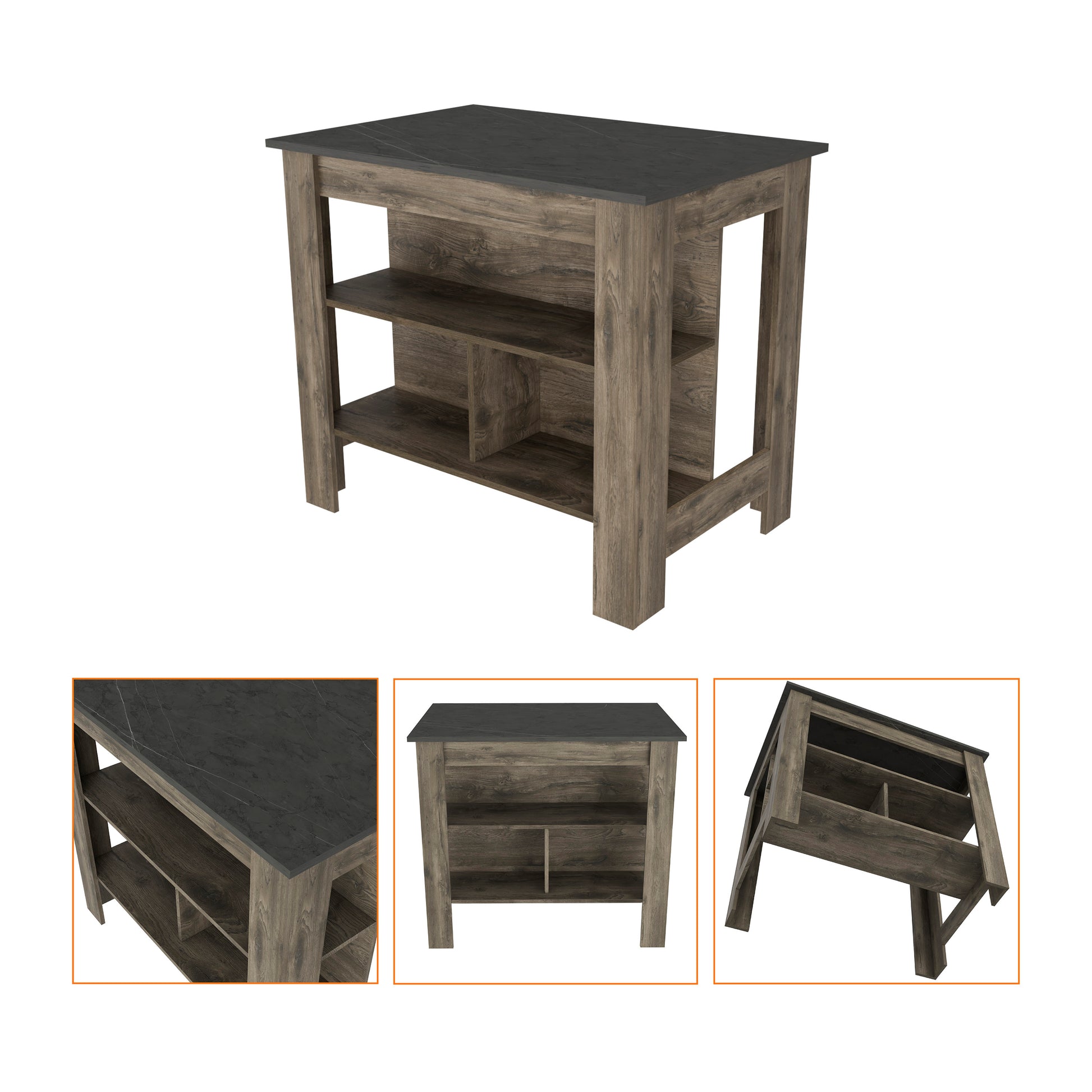 Rustic wood kitchen island with dark marblelook top and open shelving