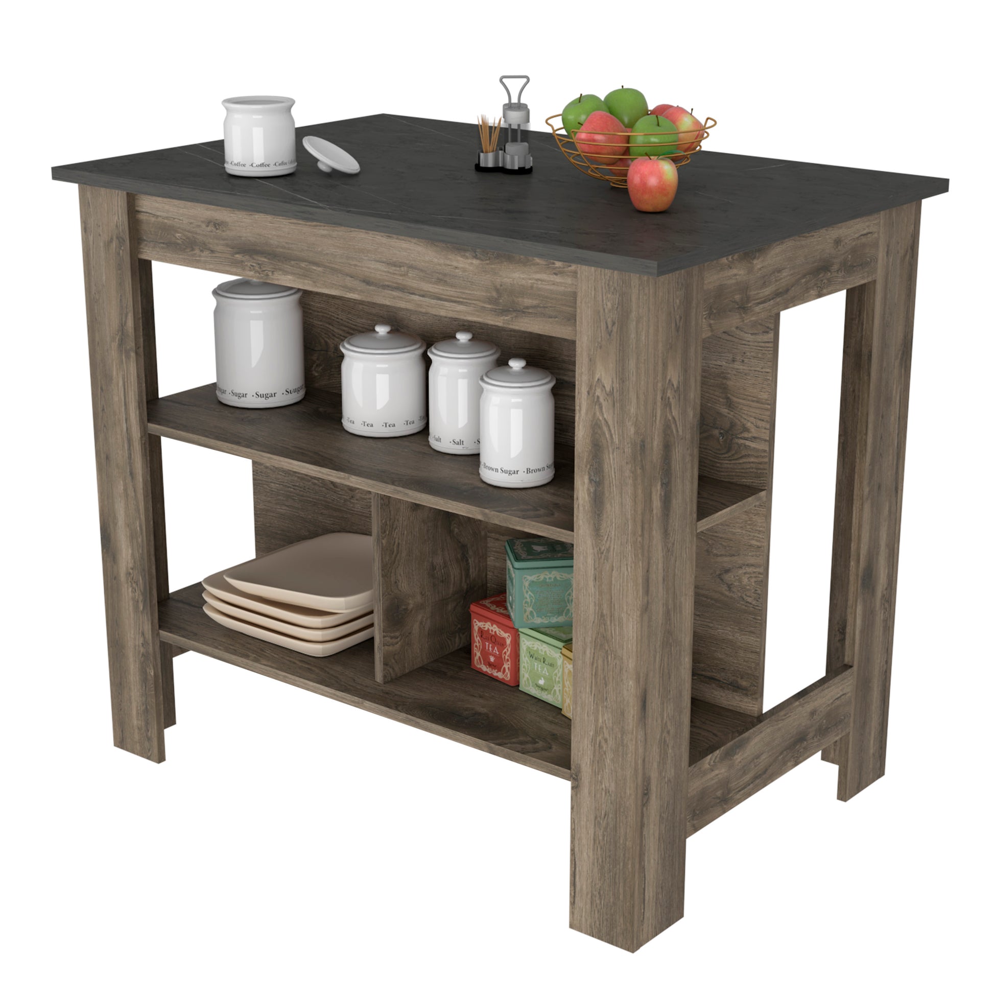 Rustic brown kitchen island with grey stonelook countertop and open shelving