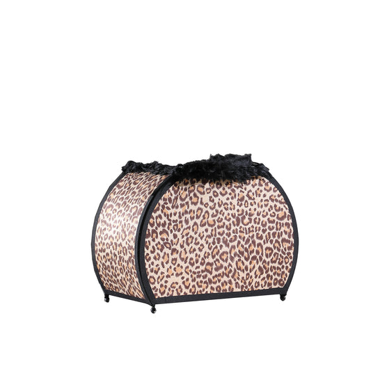 Leopard print pet carrier with black faux fur trim and black trim