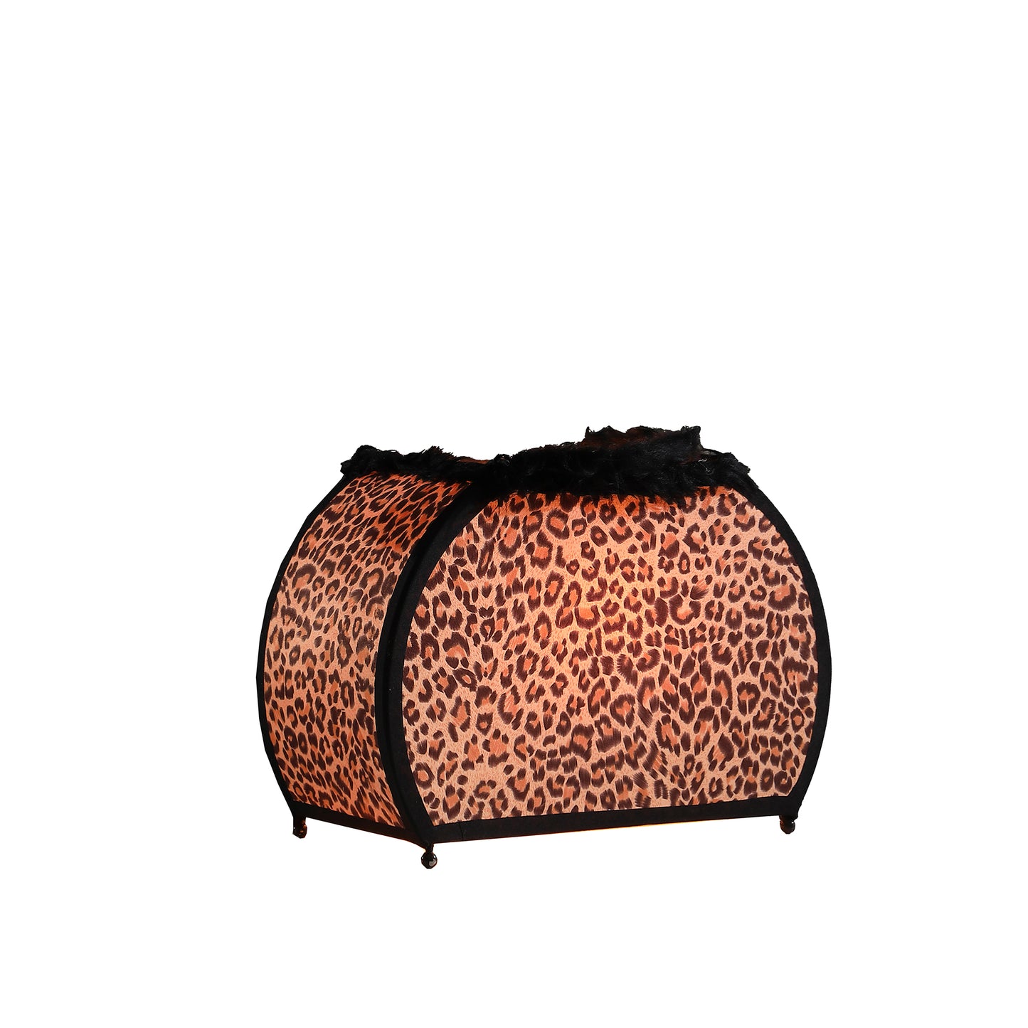 Leopard print pet tent with black fur trim and four small legs