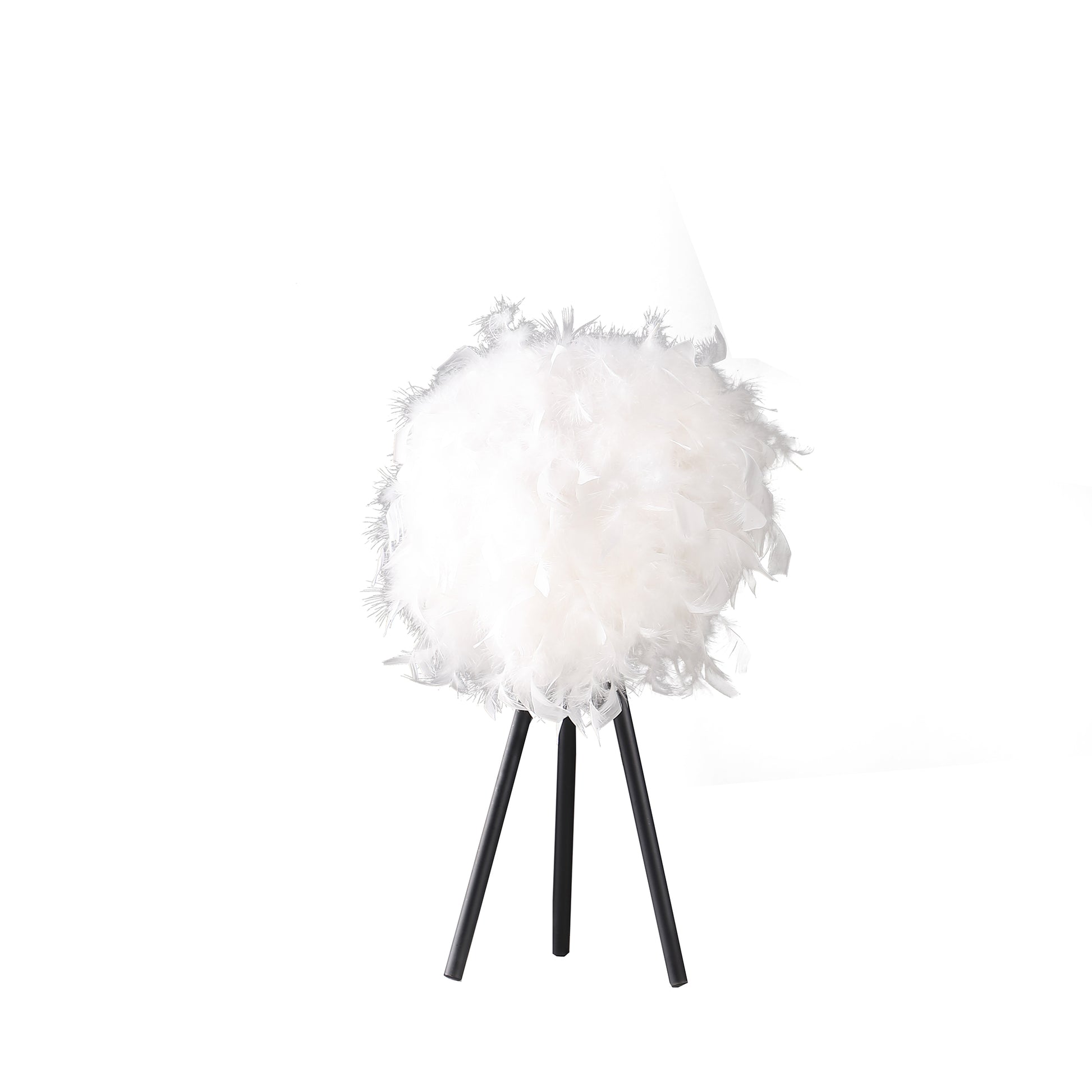 Fluffy white feather table lamp with a black tripod base for modern decor