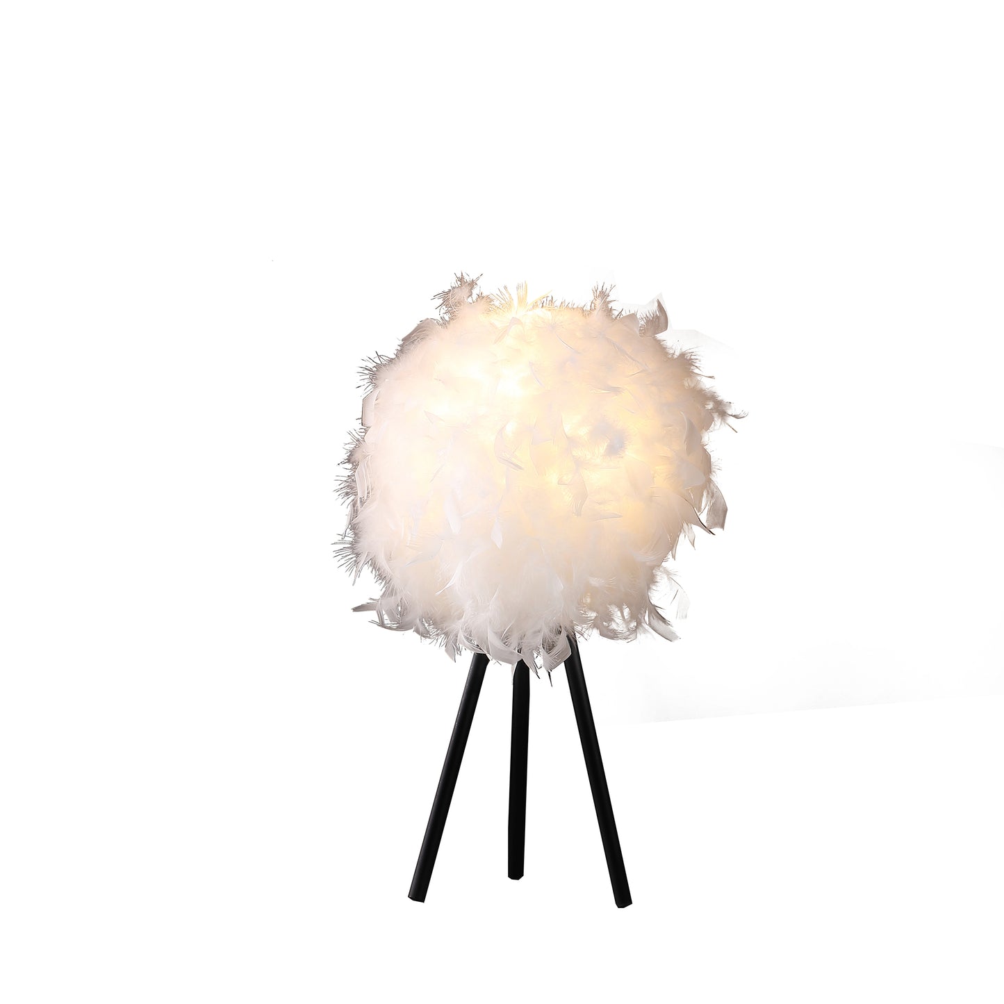 Fluffy white feather table lamp with a modern tripod base and warm internal light