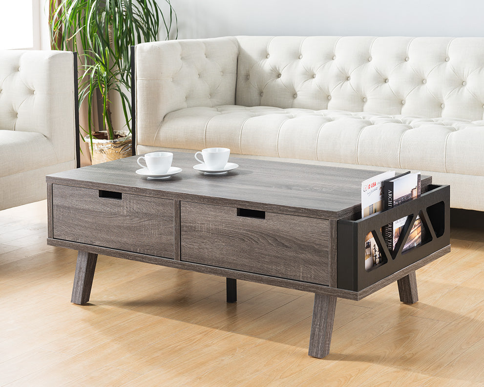 Modern grey wood coffee table with two drawers and magazine rack